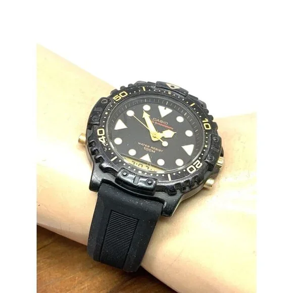 Casio Men's Watch AQ-110 Quartz Analog Digital Alarm 44mm 740 Black Rubber USED - Picture 5 of 14